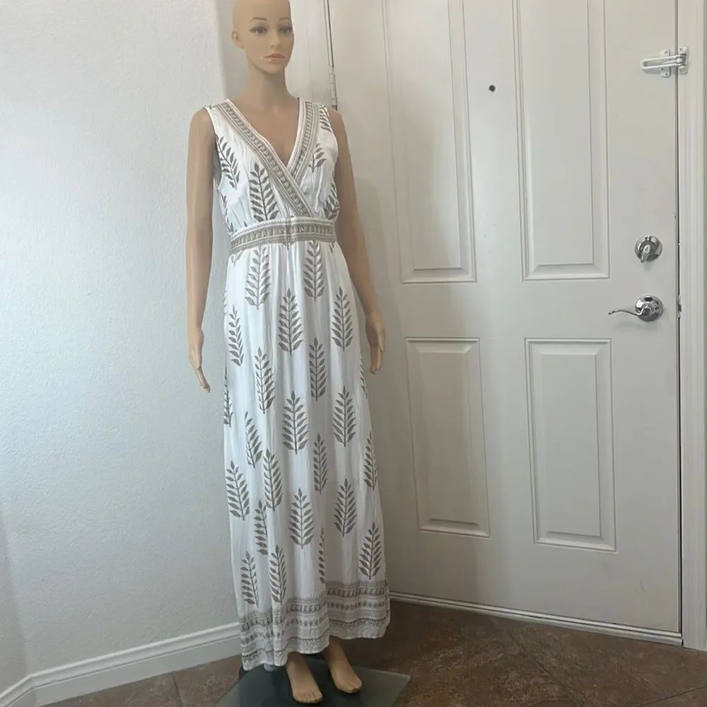 Lapogee Dress Size Small V Neck Short Sleeve Maxi Lined 💯 Rayon Floral Natural